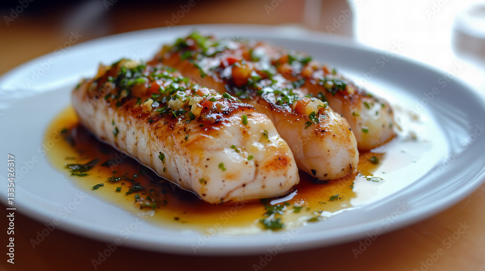 Pan Seared White Fish Fillets Topped with Chopped Herbs and Brown Sauce Served on White Plate in Warm Natural Lighting Pan Seared White Fish Fillets Topped with Chopped Herbs and Brown Sauce Served on White Plate in Warm Natural Lighting