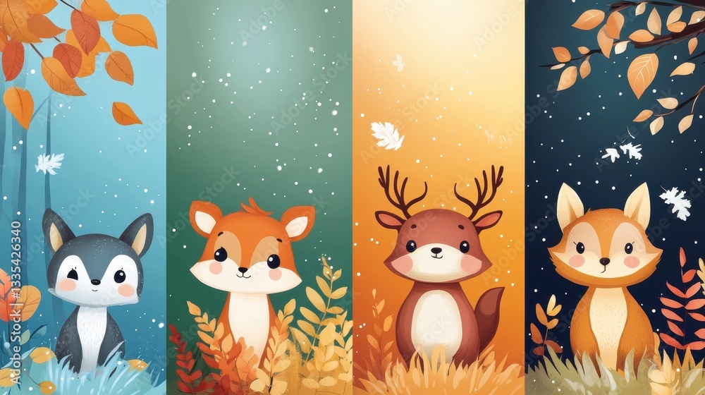 Naklejka premium Cartoon Illustrations Depicting Various Forest Animals Surrounded By Autumn Colors