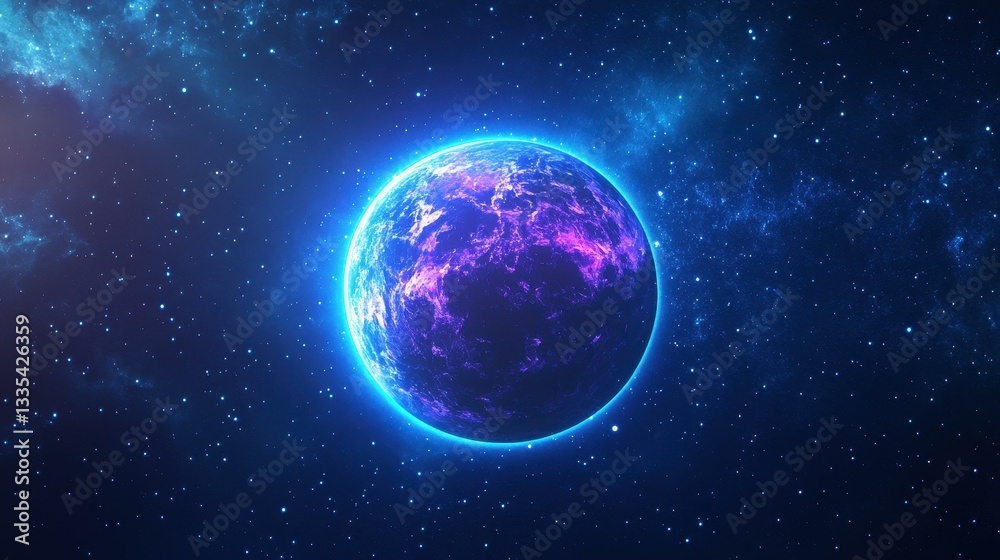 Naklejka premium A vibrant cosmic scene featuring a blue planet surrounded by a colorful nebula and a starry field, evoking dreams of space.