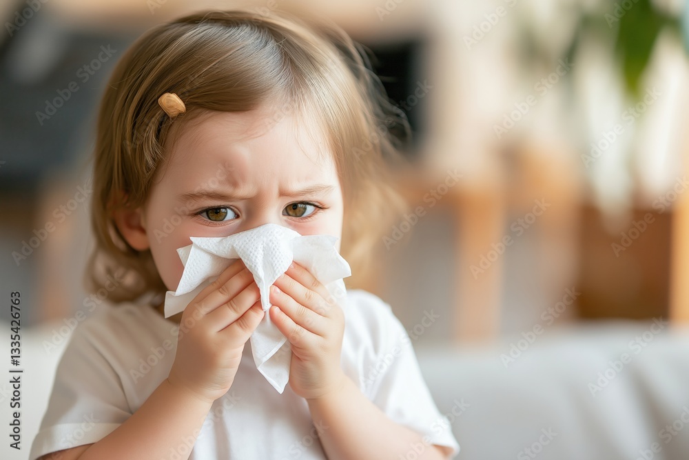 A young toddler with wavy blonde hair squeezes her eyes shut while holding a tissue to her nose, sneezing as she deals with a seasonal cold in a warm home setting. A young toddler with wavy blonde hair squeezes her eyes shut while holding a tissue to her nose, sneezing as she deals with a seasonal cold in a warm home setting.