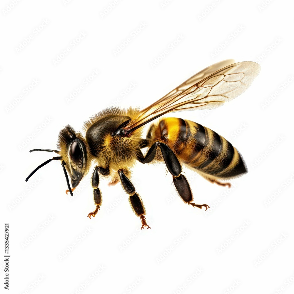A vibrant honeybee in di cut style, busily collecting pollen with its delicate wings spread wide against a crisp white backdrop. A vibrant honeybee in di cut style, busily collecting pollen with its delicate wings spread wide against a crisp white backdrop.