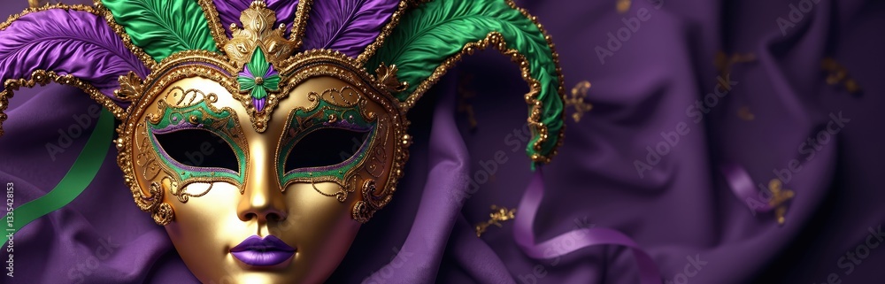 Ornate Venetian mask with feathers for Mardi Gras carnival on violet fabric. Golden luxury masquerade ball costume for party event. Traditional mardi gras template banner illustration in green, Ornate Venetian mask with feathers for Mardi Gras carnival on violet fabric. Golden luxury masquerade ball costume for party event. Traditional mardi gras template banner illustration in green,