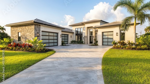 A stunning modern home with clean lines, stucco and stone accents, and expansive windows flooding the interior with light
