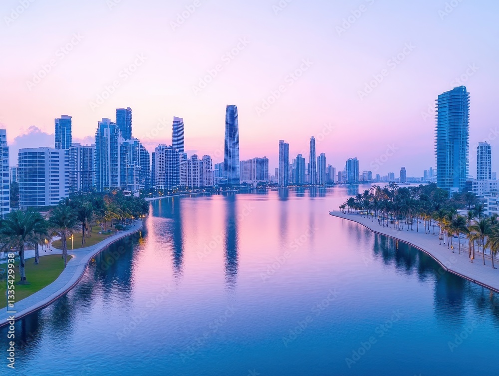 Fototapeta premium Serene skyline at dusk reflecting on calm waters with vibrant colors