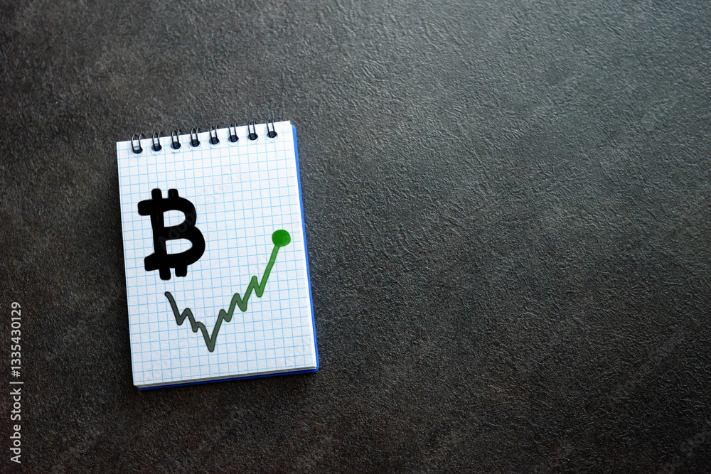 Bitcoin symbol with market growth, written on notepad with black background Bitcoin symbol with market growth, written on notepad with black background