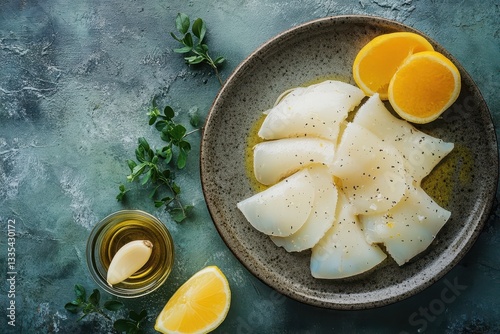 Top view of raw mini cuttlefish with garlic olive oil and lemon High quality image