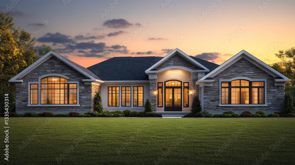 A stunning single-story home with large windows and stone accents on the exterior