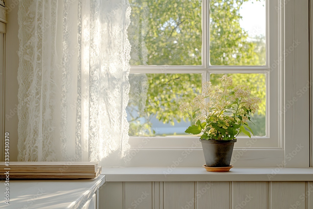 Fototapeta premium Elegant Window with Lace Curtains and Flowers
