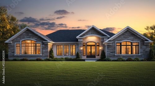 Obraz na płótnie A stunning single-story home with large windows and stone accents on the exterior w salonie