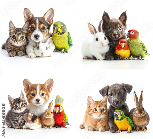 Adorable pets collage cats, dogs, rabbits, parrots.