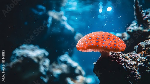 Vibrant Red Coral Mushroom Underwater Surrounded by Energetic Bubbles and Soft Light