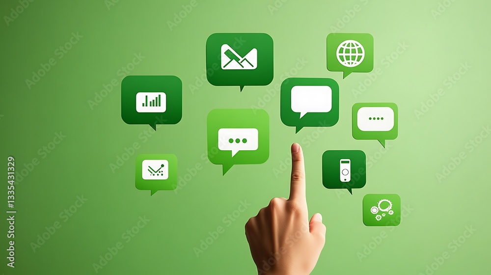 Index finger pointing at communications icons Index finger pointing at communications icons