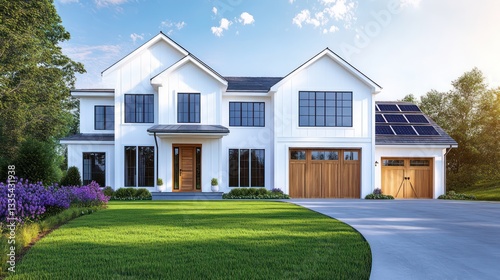 A stunning two-story modern farmhouse with white walls and large windows, featuring a wooden front door