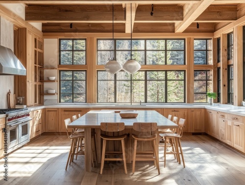 Wallpaper Mural Beautifully designed wooden kitchen with island and large forest views Torontodigital.ca