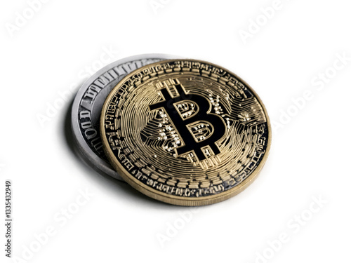 Detailed close up of two bitcoin coins representing digital currency