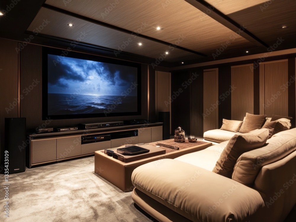 A luxurious home theater featuring a large screen and comfy seating A luxurious home theater featuring a large screen and comfy seating