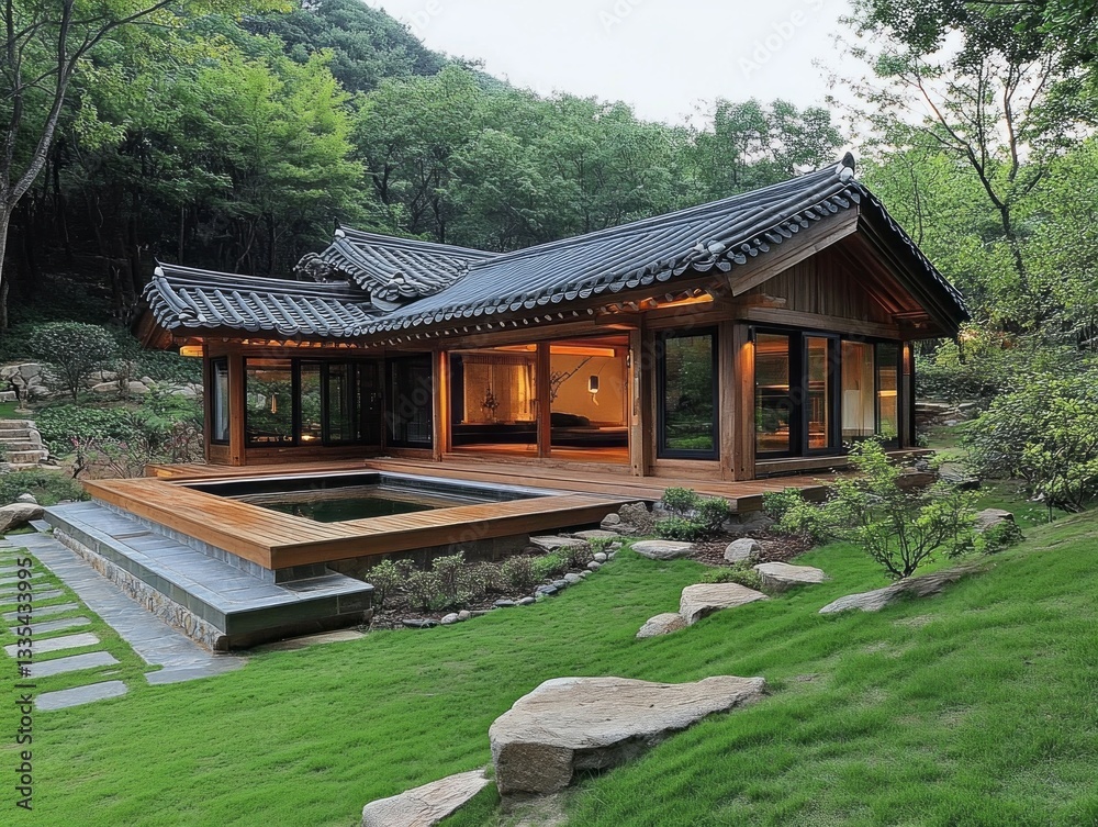 A tranquil wooden house nestled in lush green surrounding nature A tranquil wooden house nestled in lush green surrounding nature