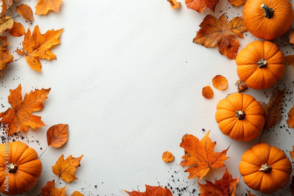 Obraz premium Thanksgiving background: pumpkins and fallen leaves on white Background