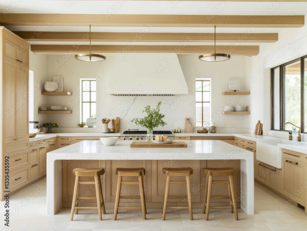 Fototapeta premium A modern bright kitchen features a large island and cabinets