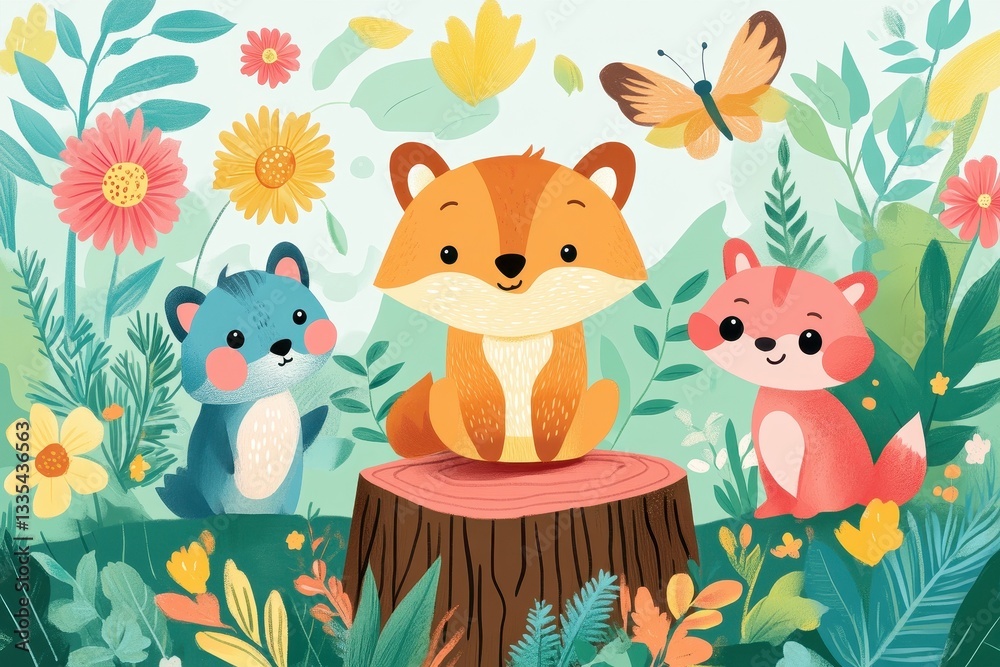 Naklejka premium A cheerful illustration of friendly animals in a flowery garden