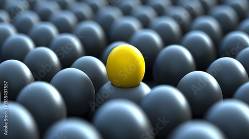 Single Yellow Sphere Standing Out Among Uniform Gray Spheres in a Minimalist Arrangement photo