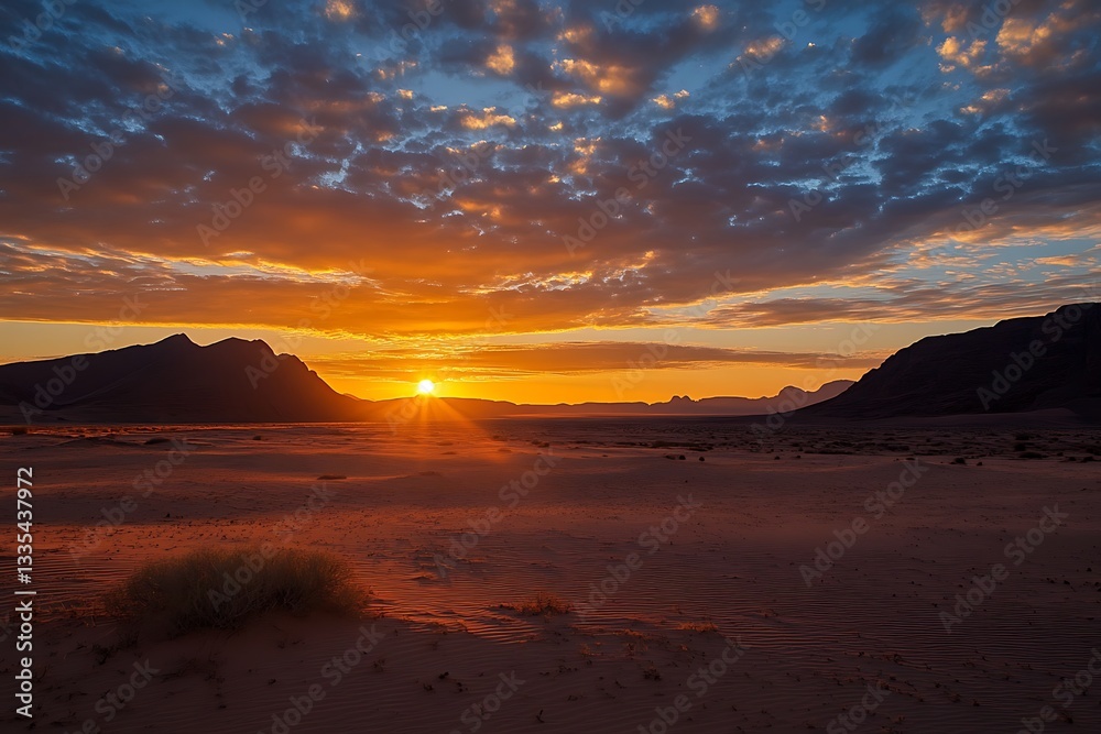 Fototapeta premium tranquil beauty of a desert sunrise as mystic gleam of dawn brushes endless dunes marking onset of a brilliant new day 