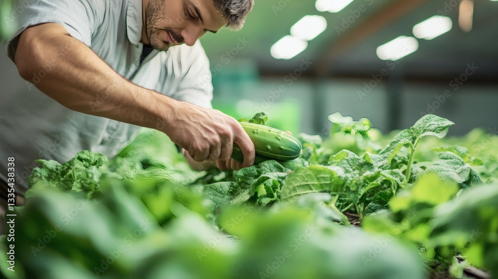 Fototapeta premium A man examines a cucumber among the growing leafy green vegetables
