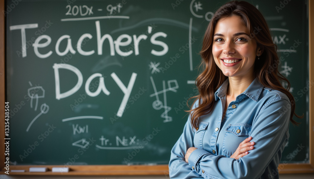 Teacher celebrating Teacher's Day in front of a chalkboard  