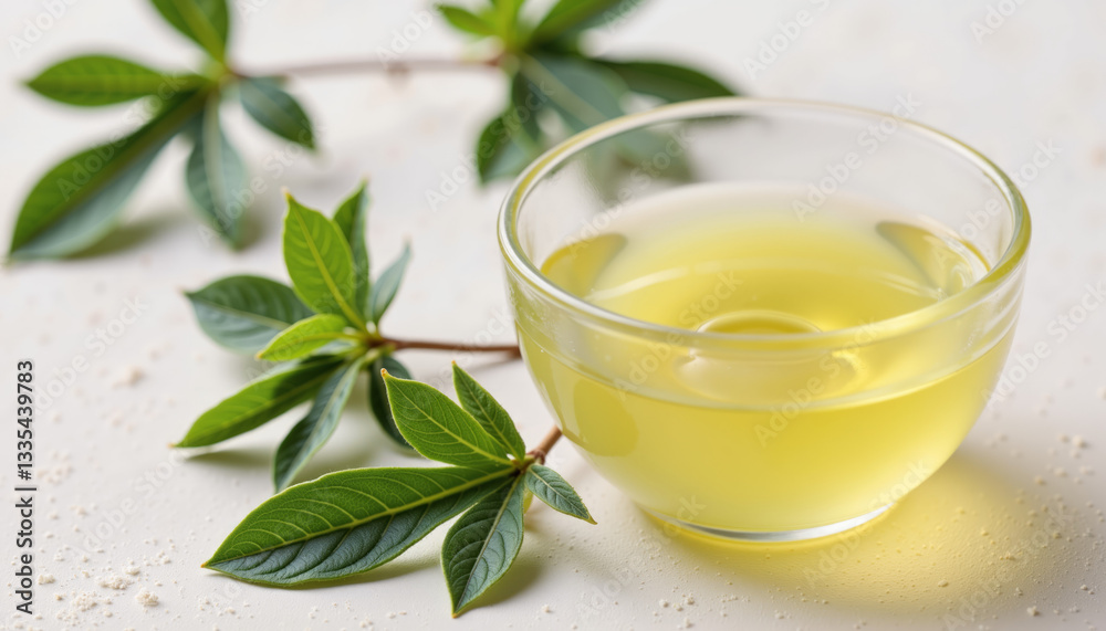 Glass cup with freshly extracted tea tree oil and green leaves for natural skincare and hair care Glass cup with freshly extracted tea tree oil and green leaves for natural skincare and hair care