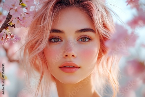 Attractive caucasian young woman surrounded by cherry blossoms. Spring mood, golden hour in sunset. Commercial digital ads artwork. Woman surrounded by bright flowers in springtime.