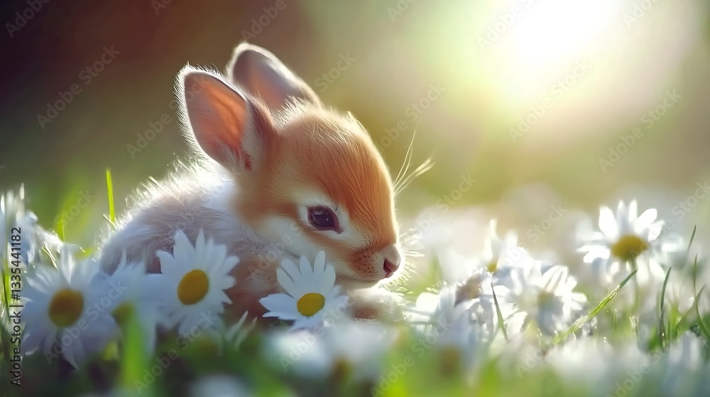 Fototapeta premium Adorable baby bunny resting in daisy field.