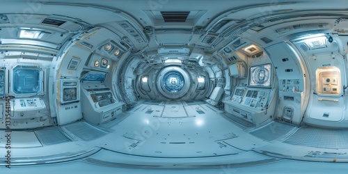 Ultra-wide panoramic 360-degree equirectangular HDRI image of a massive space station interior, 