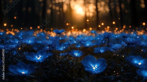 Luminescent blue flowers field at dusk in a forest
