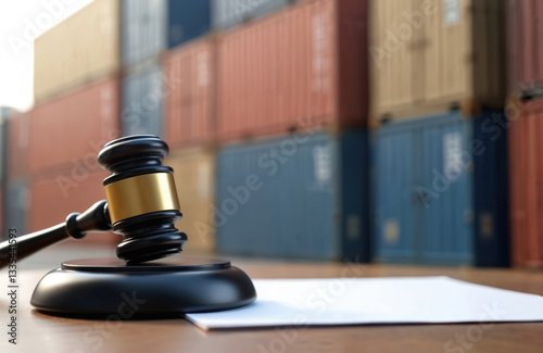 Import compliance review ensures goods meet regulations, trade laws. Wooden gavel, containers background. International trade, inventory, compliance, legal review concept. Laws, standard photo