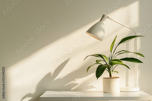  a modern desk lamp and potted plant on a white table against a light-colored wall, close-up view, with sunlight and shadow photo