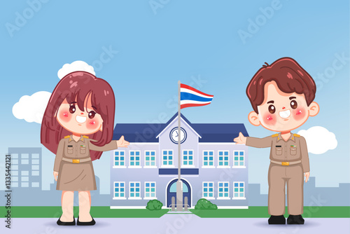 Cute cartoon teacher in khaki uniform back to school. Thai school uniform premium vector.