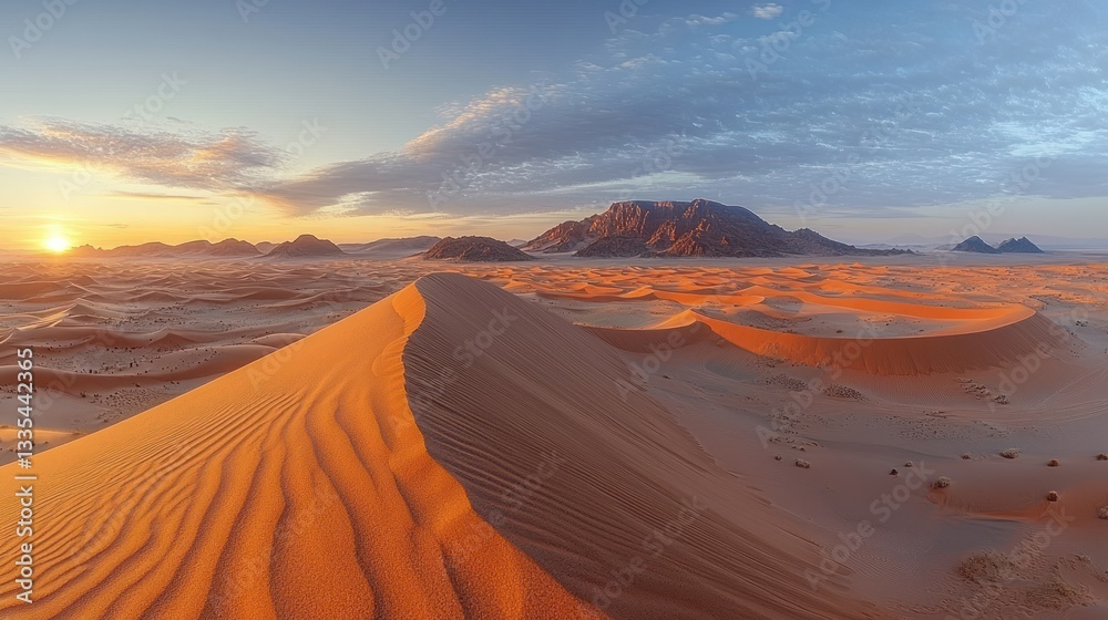 Naklejka premium Sunrise over desert dunes, mountains in background
