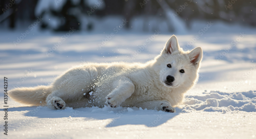 A young white dog rolling and playing in fresh snow A young white dog rolling and playing in fresh snow