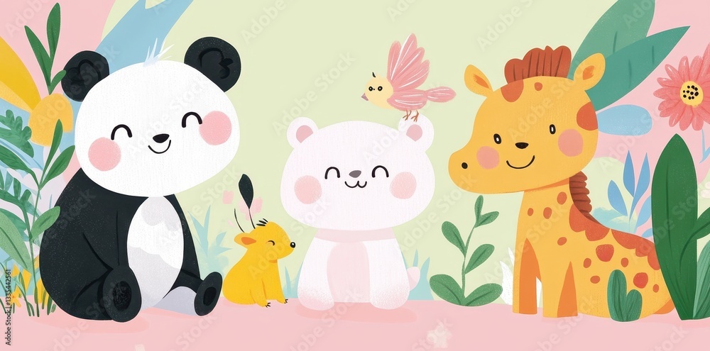 Fototapeta premium Adorable illustrations of smiling animals with colorful background and vegetation