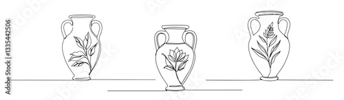 greek decorative vase with plant vector monoline one line line art