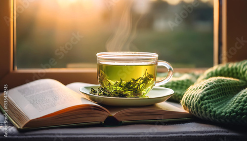 A steaming cup of mint tea with a book and a blanket on a windowsill. Generative AI