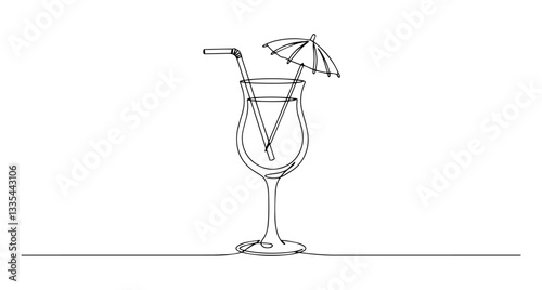 cocktail drink with straw and palm vector line art monoline one line illustration outline drawing