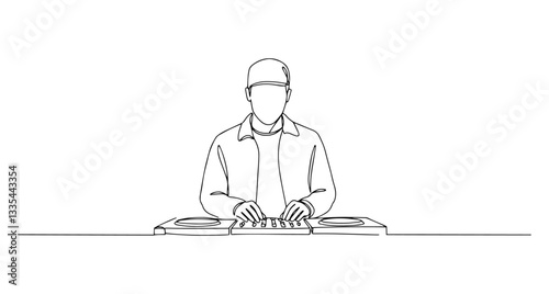 dj playing music at console vector monoline one line line art club