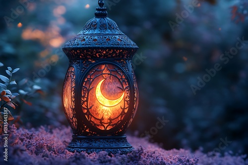 Beautifully Designed Lantern with Crescent Moon Motif Glowing in Twilight Garden

 photo