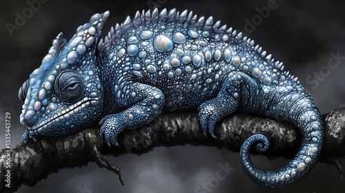 A serene, fantastical chameleon rests on a branch.  Detailed,  intricate scales.  Cool, muted colors