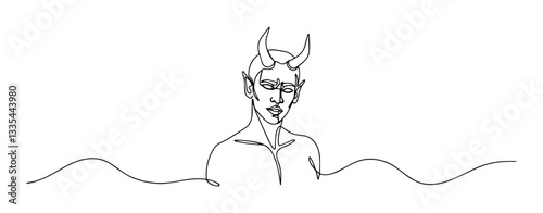 demonic male figure with horns in minimalist continuous black line illustration