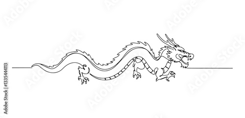 coiled Japanese dragon thin line art style vector line art