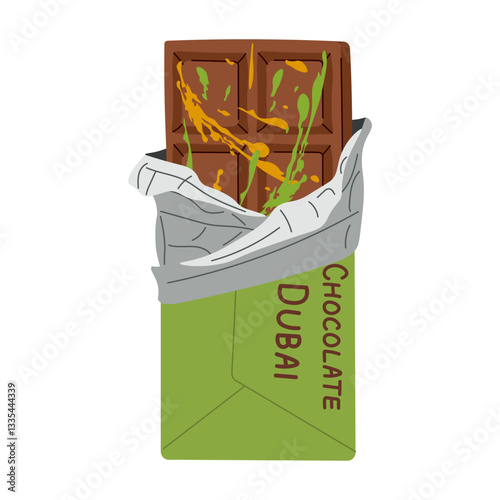 Dubai chocolate bar with pistachio paste filling in packaging. Luxury gourmet dessert. Premium handmade chocolate, cocoa dessert