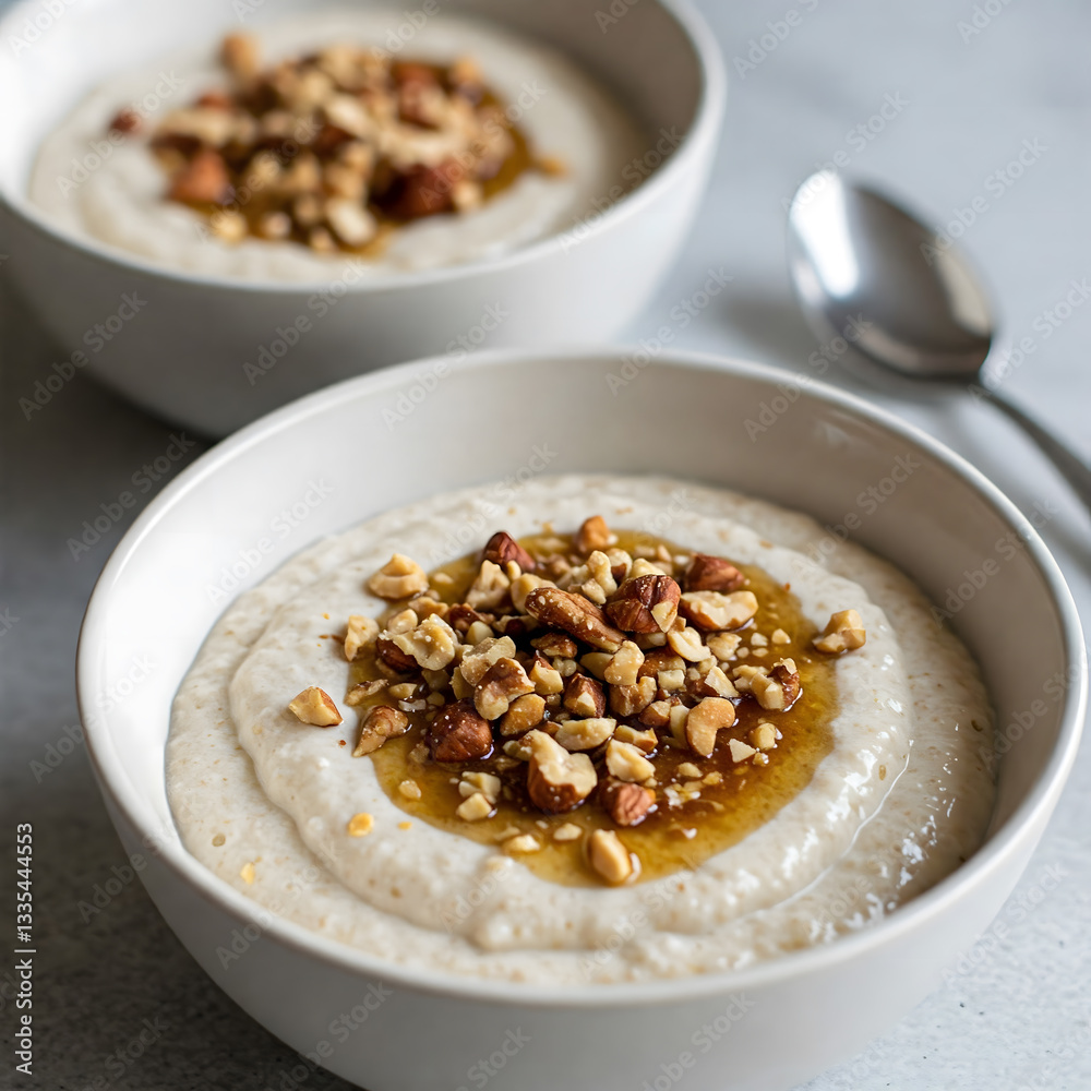 Two bowls of oatmeal topped with chopped nuts and a drizzle of honey, photographed from a close-up, slightly angled perspective. Generative AI. Two bowls of oatmeal topped with chopped nuts and a drizzle of honey, photographed from a close-up, slightly angled perspective. Generative AI.