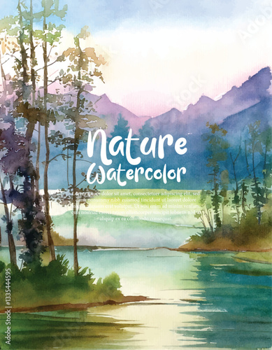Watercolor forest landscape background. Beautiful watercolor nature landscape with lake, mountain.